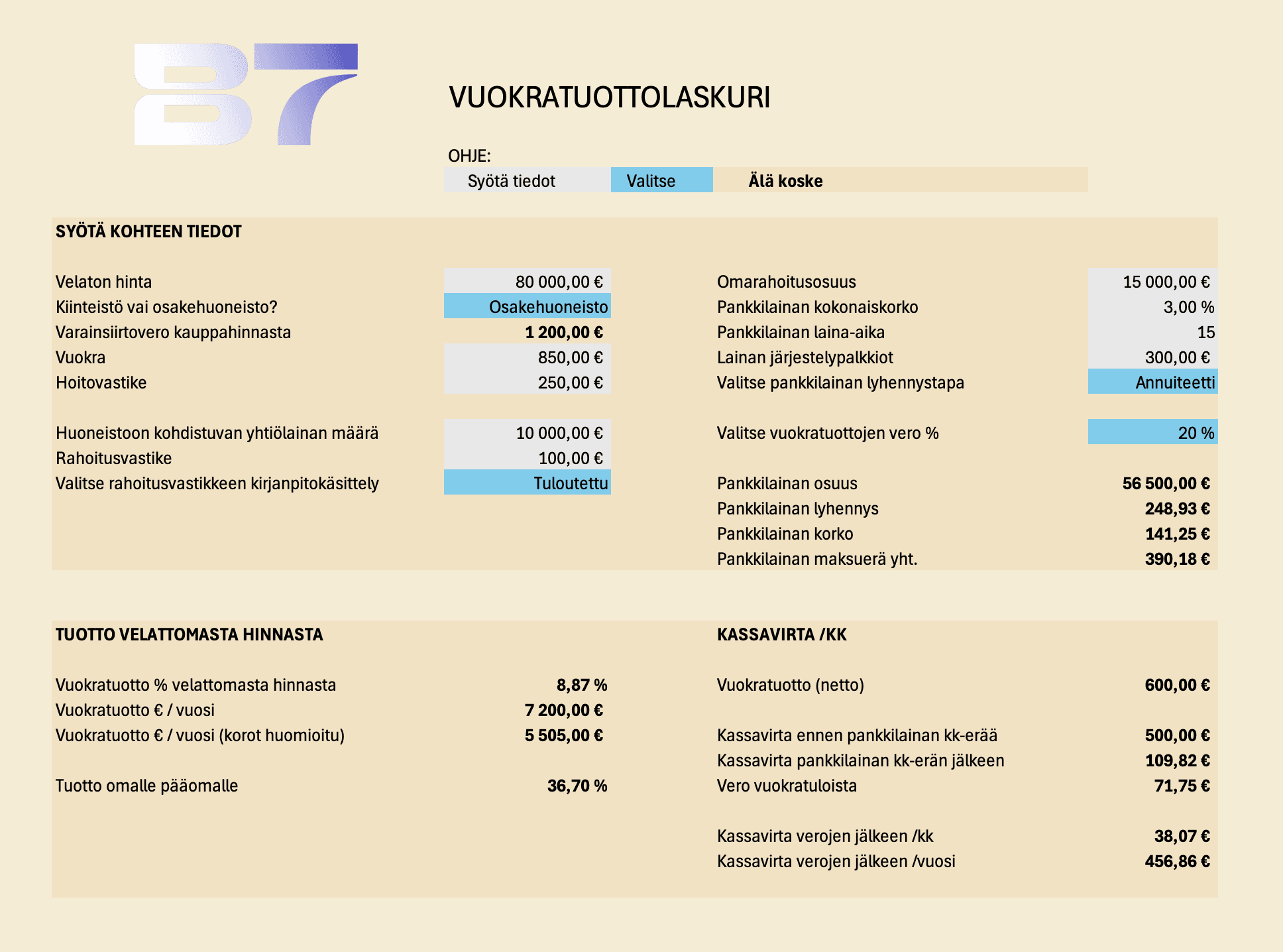 Vuokratuottolaskuri excel tiedosto